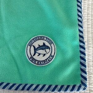 Southern Tide Green and Blue Blanket with Striped Edge